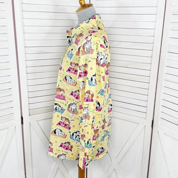 Chatterprintz Cats on Mats Button Up Shirt Yellow Small Long Sleeve - Picture 2 of 11